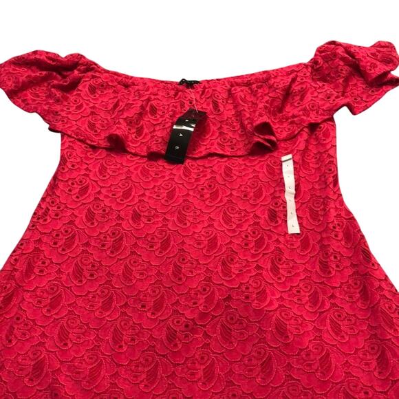 Tiana B. Bright Pink Lace Dress Woman Size Large Off Shoulder Romantic Ruffle - Picture 3 of 7